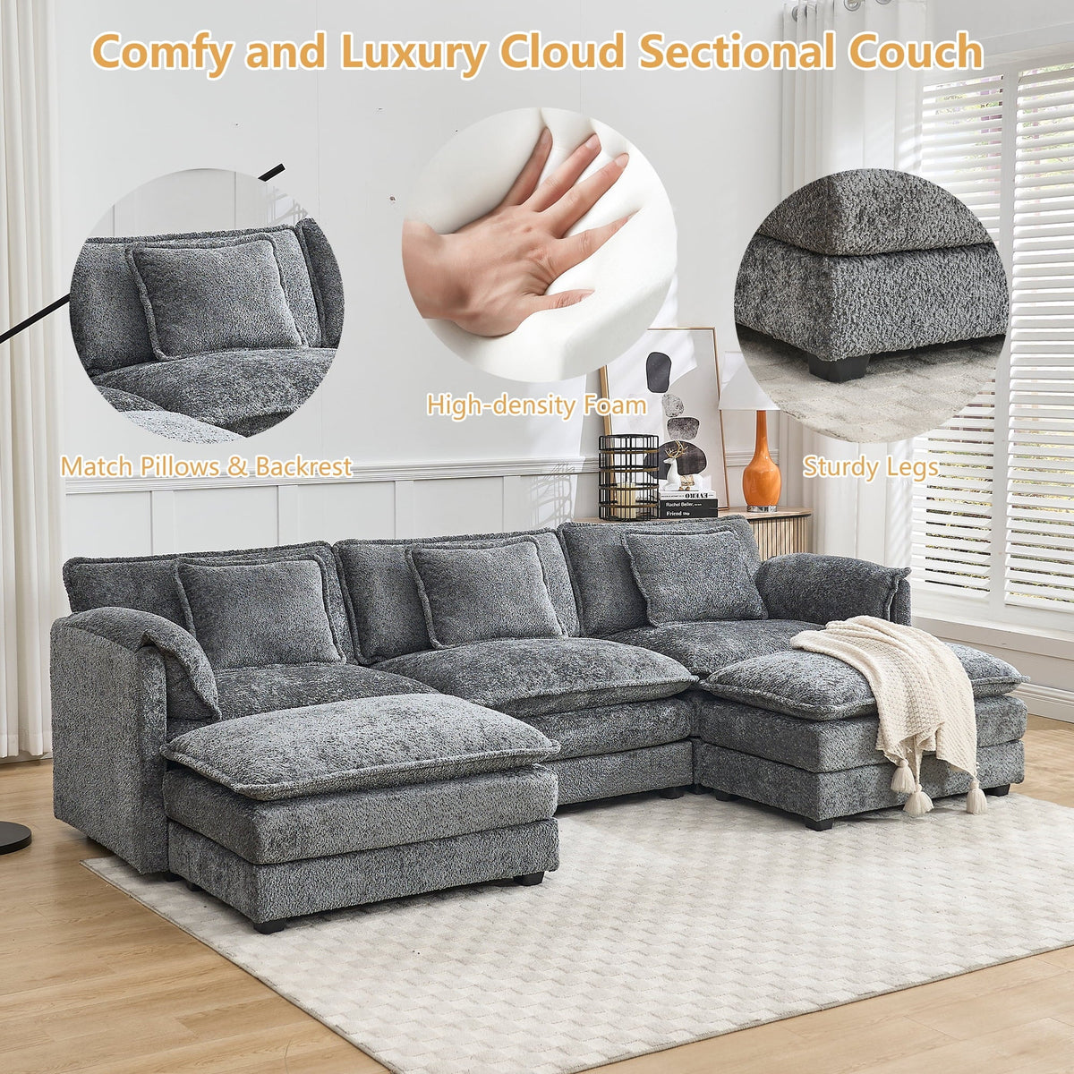GNIXUU 112" Oversized Sectional Sofa Cloud Couch for Living Room, Modern Chenille L Shaped Couch, Comfy Boucle Modular Sofa Sleeper with Moveable Ottoman & Memory Foam (Green)