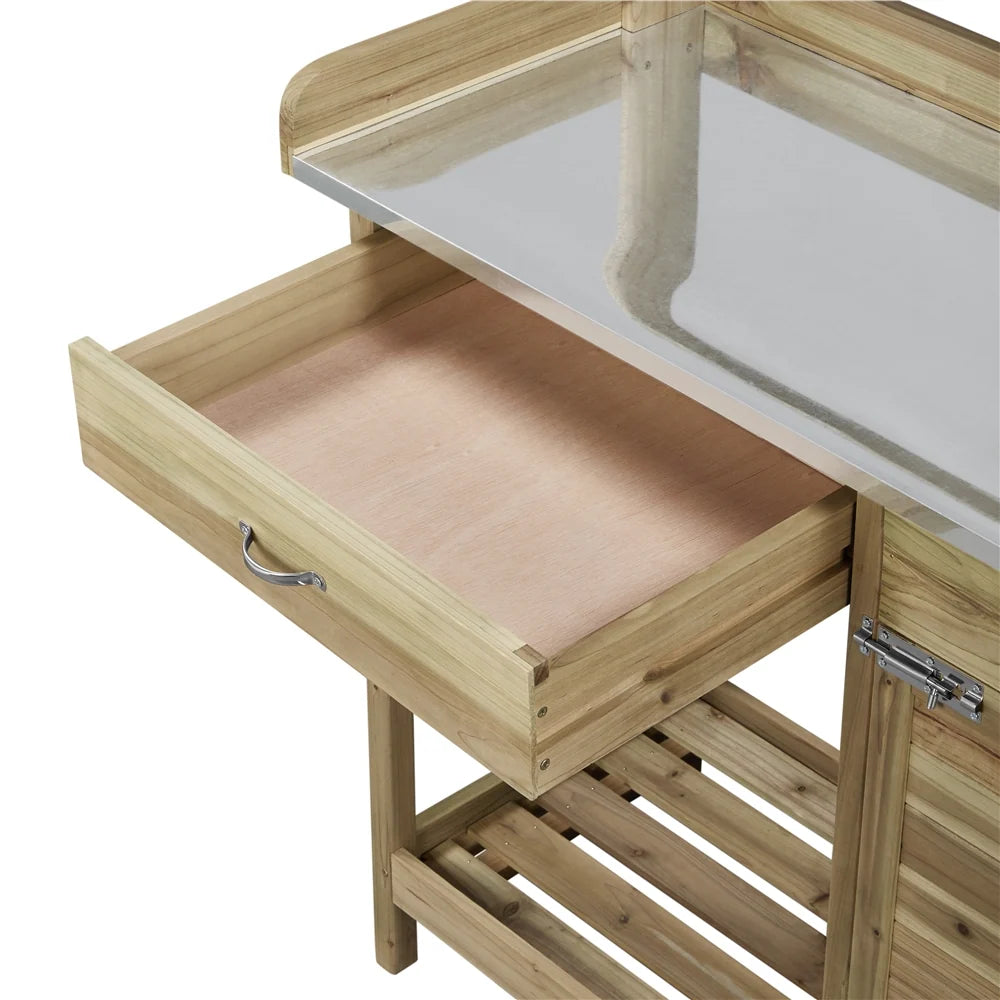 Renwick Outdoor Garden Potting Bench W/Cabinet Drawer Open Shelf, Gray