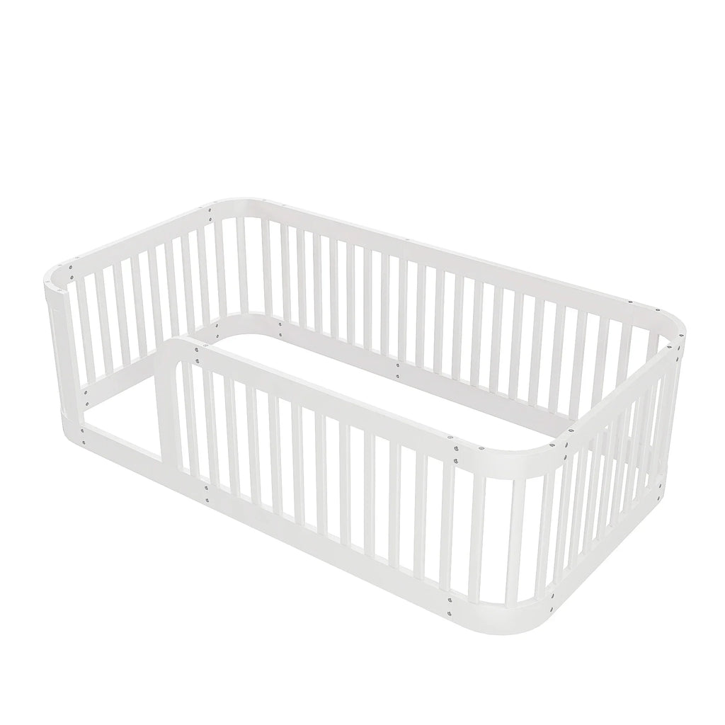 Euroco Twin Size Floor Bed with Fence for Kids Teens and Toddlers, White