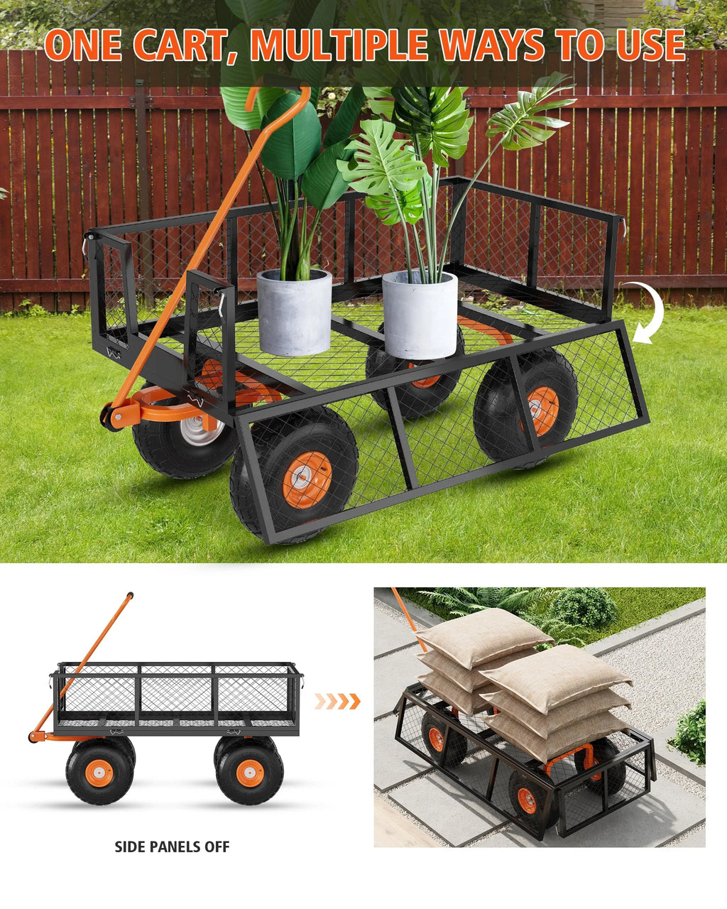 Heavy Duty Steel Garden Cart, Garden Wagon Cart on Wheels, Outdoor Metal Yard Utility Wagon Carts w/Adjustable Handle & Removable Sides(Convert to Flatbed)