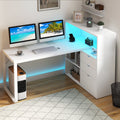 Dextrus L Shaped Desk with Power Outlets & LED Lights, Computer Desk with 3 Drawers and 3 Storage Shelves, White Office Desk Corner Desk for Home Office