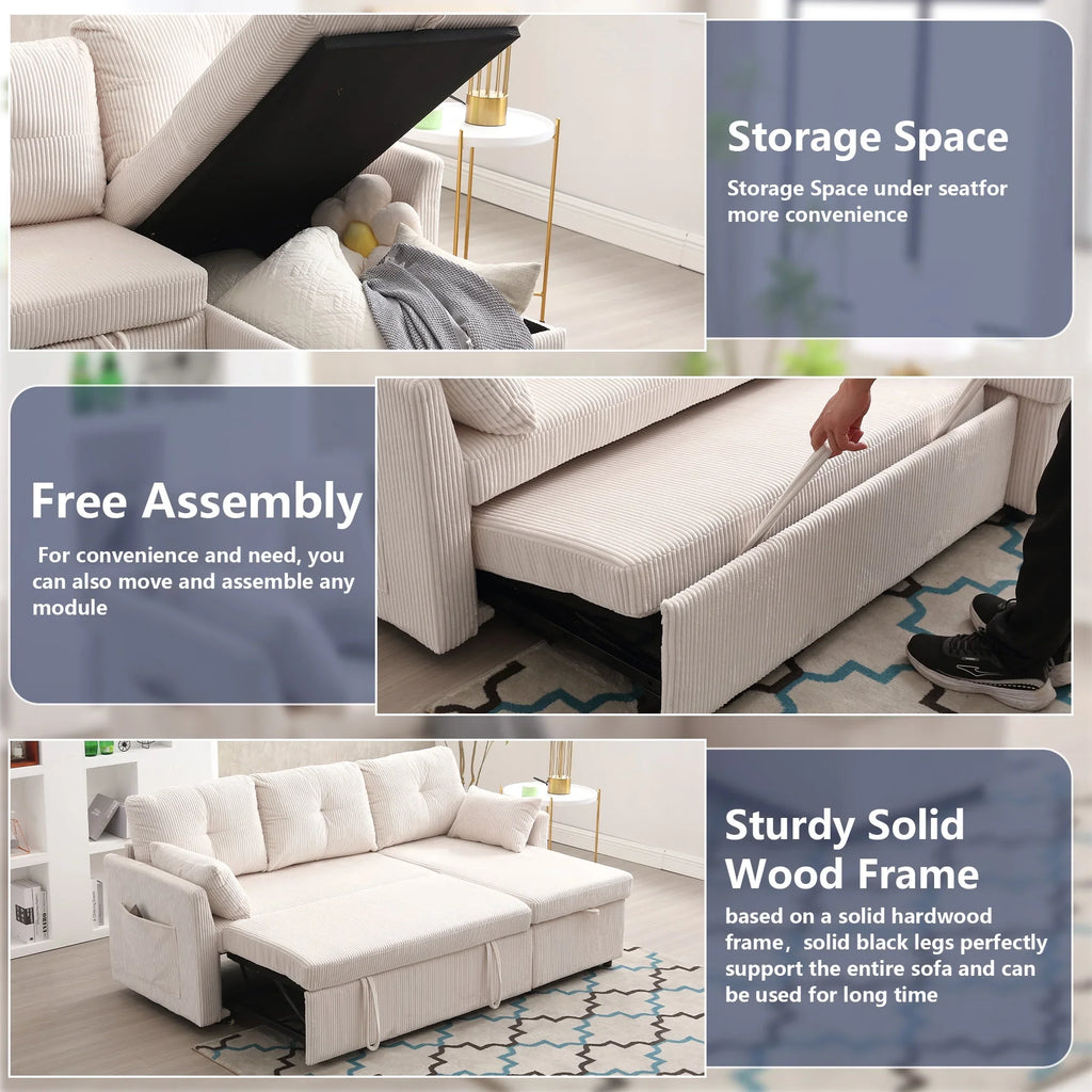 Villeston L-Shaped 3-Seat Sofa with Pull-Out Bed, with Storage Chaise Couch for Living Room, Chenille Fabric,Olive