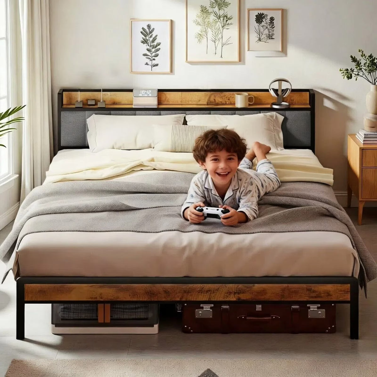 Lofka Queen Bed Frame with Headboard, Upholstered Platform Bed with Headboard, No Box Spring Needed/Easy Assembly, Beige
