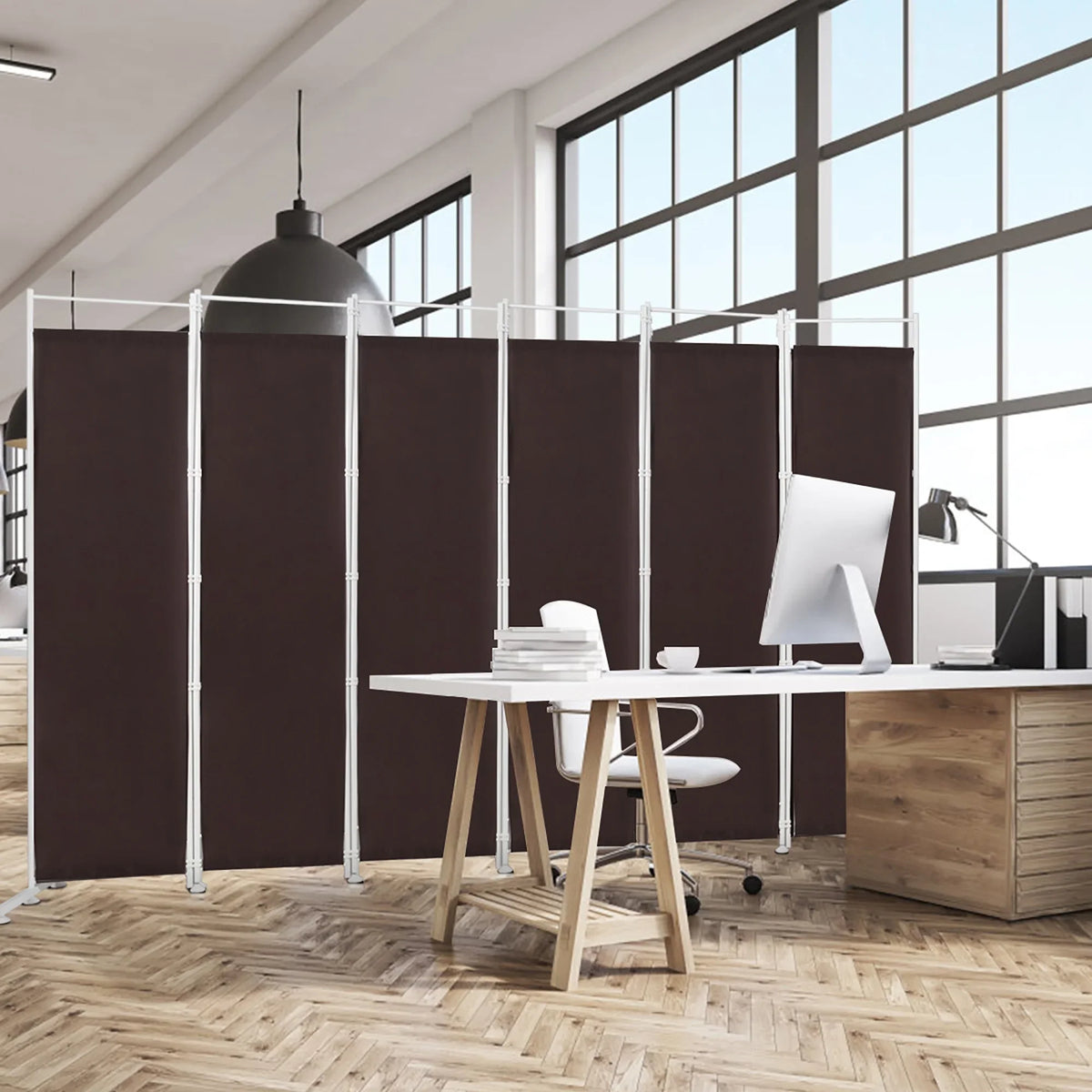 Costway 6-Panel Room Divider Folding Privacy Screen w/Steel Frame Decoration Brown