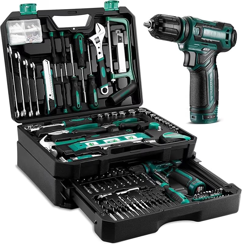 MY Tool Set: 12V Cordless Drill Kit with Hand Toolbox and Storage Case, Mechanic Tool Set for Home Repairs, Portable Power Drill and Tools, Green