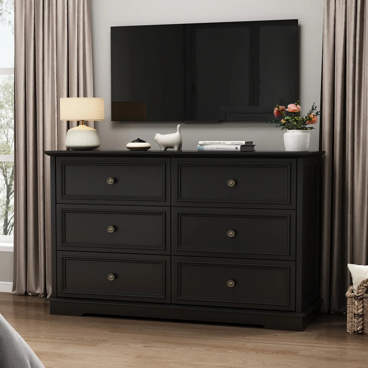 IDEALSOUL Black Dresser,6 Drawer Dresser for bedroom,Retro Wood Storage Cabinet for Living Room