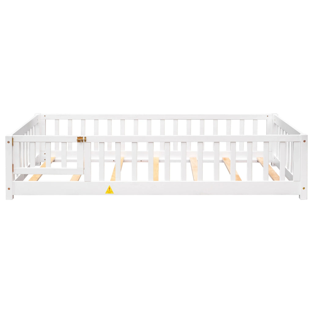 PAPROOS Twin Size Floor Bed, Solid Wood Toddler Bed with Slat, Fence Guardrail and Door, No Box Spring Needed, Montessori Bed, Twin Bed for Kids, Boys, Girls, Gray