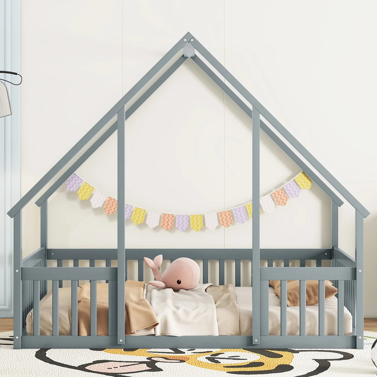 Bellemave Twin Size Floor Bed Frame, Wooden House Bed Twin Size with Fence, Montessori Bed with Guardrails for Bedroom (White)
