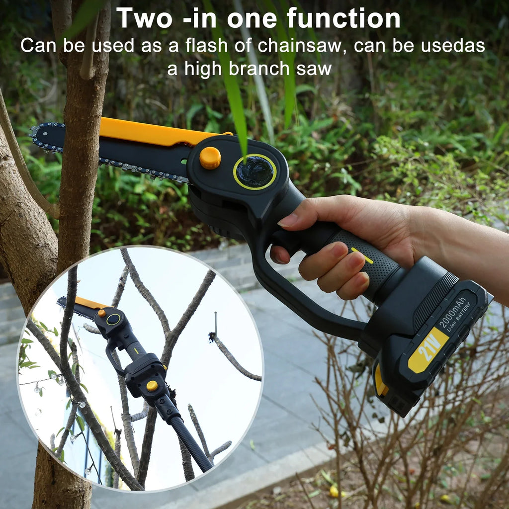 AOJA 2-in-1 Cordless Pole Saw & Mini Chainsaw,6 Inch Brushless Chainsaw with 2 x 2.0Ah Batteries,14.1 FT Max Reach Pole Saw for Tree Trimming, Wood Cutting