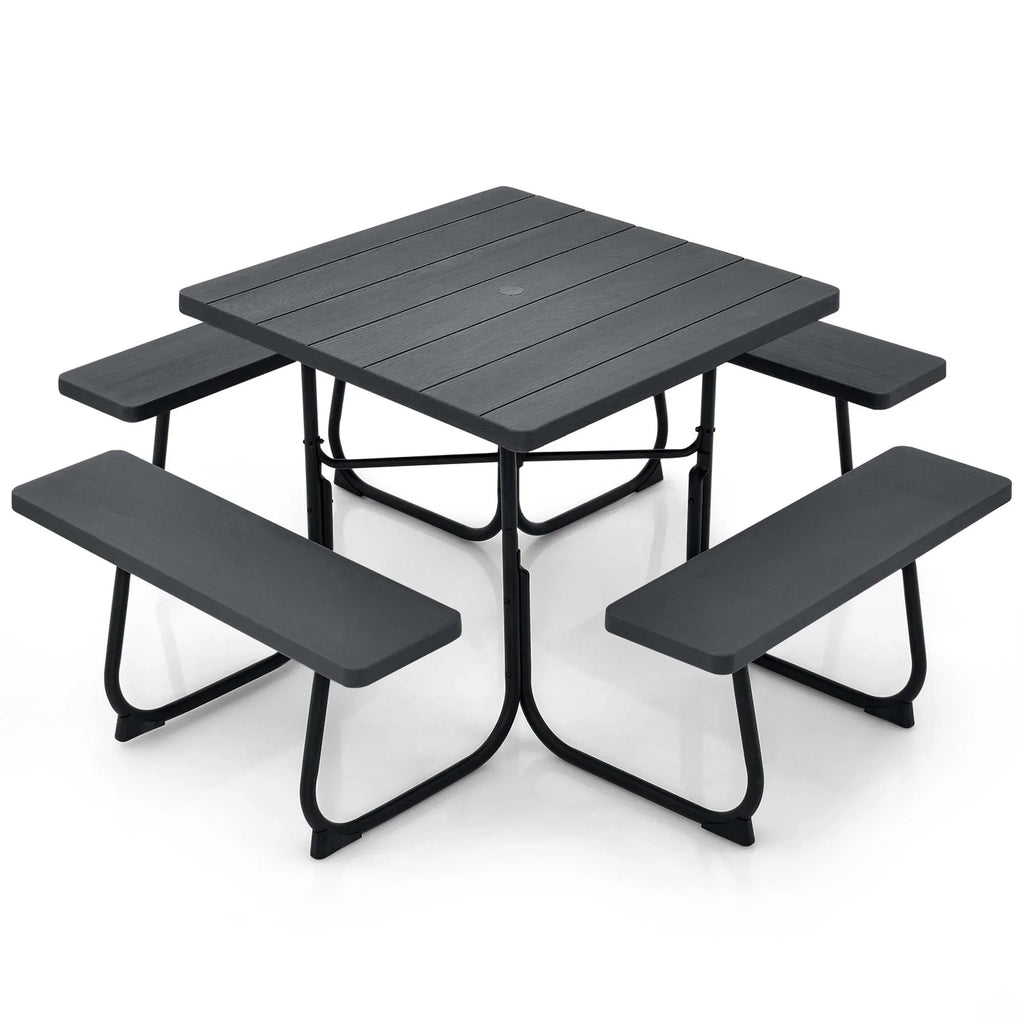 Costway Outdoor 8-person Square Picnic Table Bench Set with 4 Benches & Umbrella Hole White