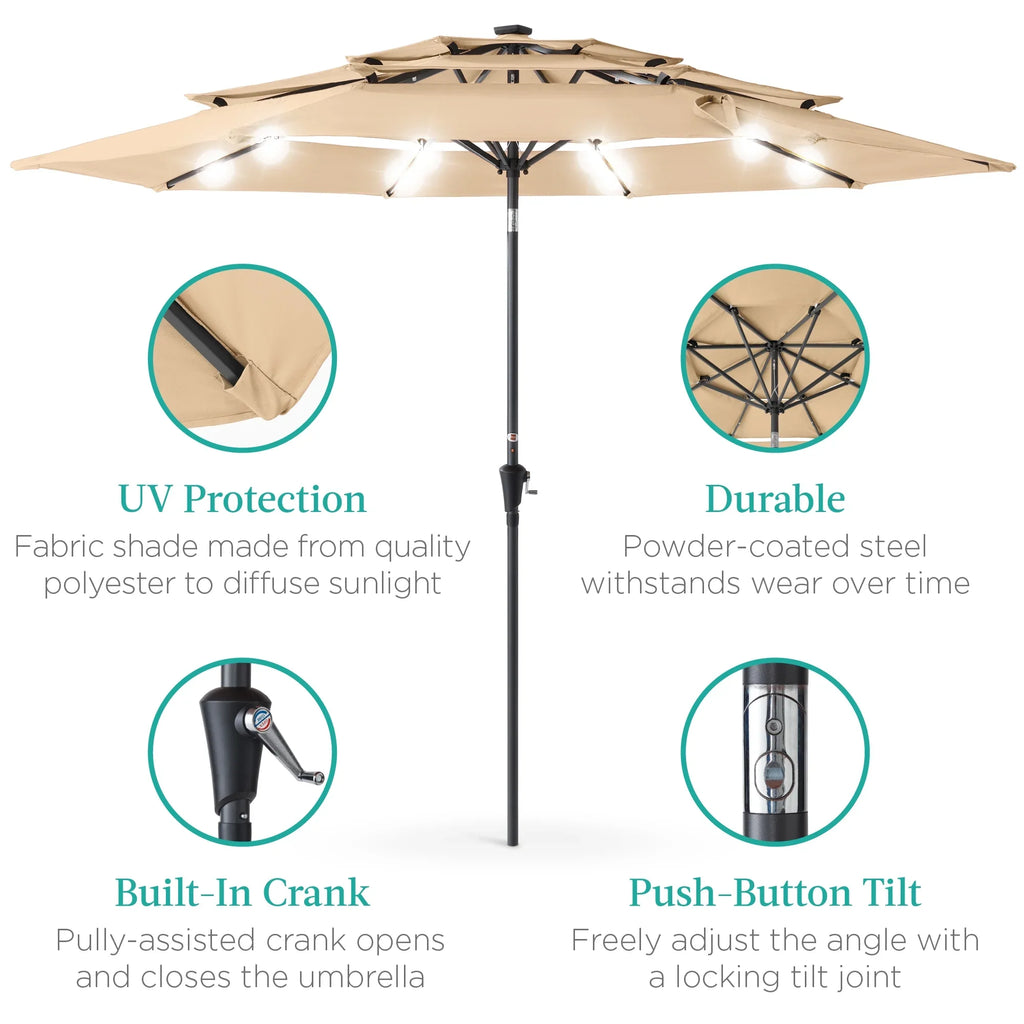 Best Choice Products 10ft 3-Tier Solar Patio Umbrella w/ 24 LED Lights, Tilt Adjustment, Easy Crank - Tan