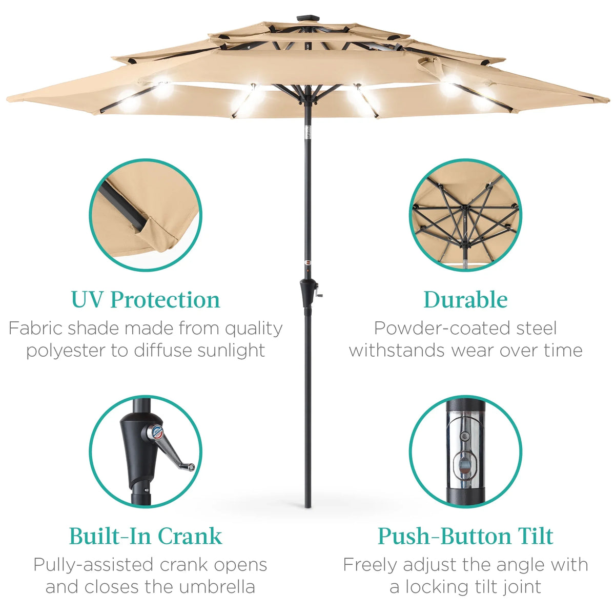 Best Choice Products 10ft 3-Tier Solar Patio Umbrella w/ 24 LED Lights, Tilt Adjustment, Easy Crank - Tan