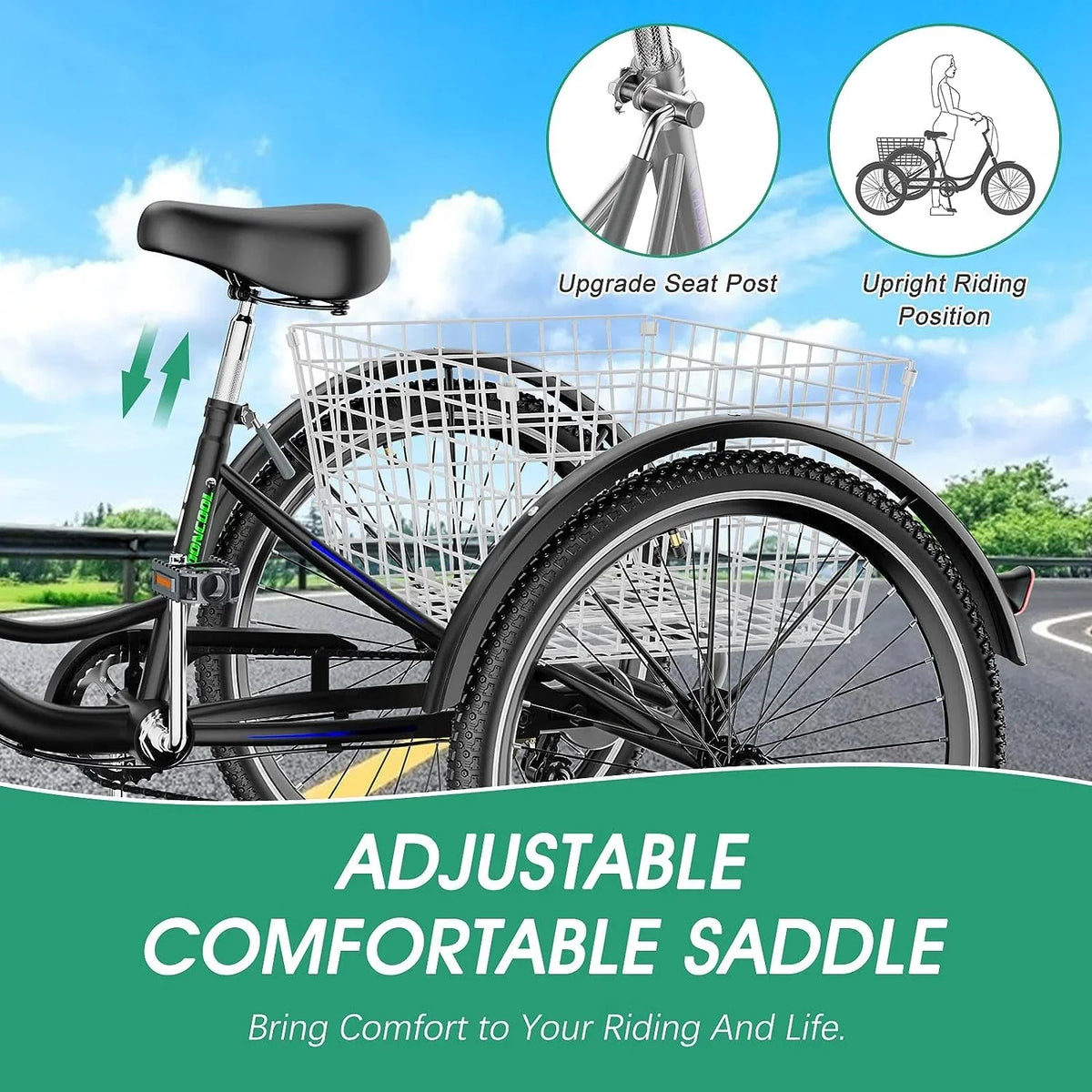 MOONCOOL Adult Tricycles with Rear Basket & Inflator, 24 26 inch 7 Speed 3 Wheel Bikes, Three-Wheeled Bicycles Adult Trike with Backrest for Seniors, Women, Men