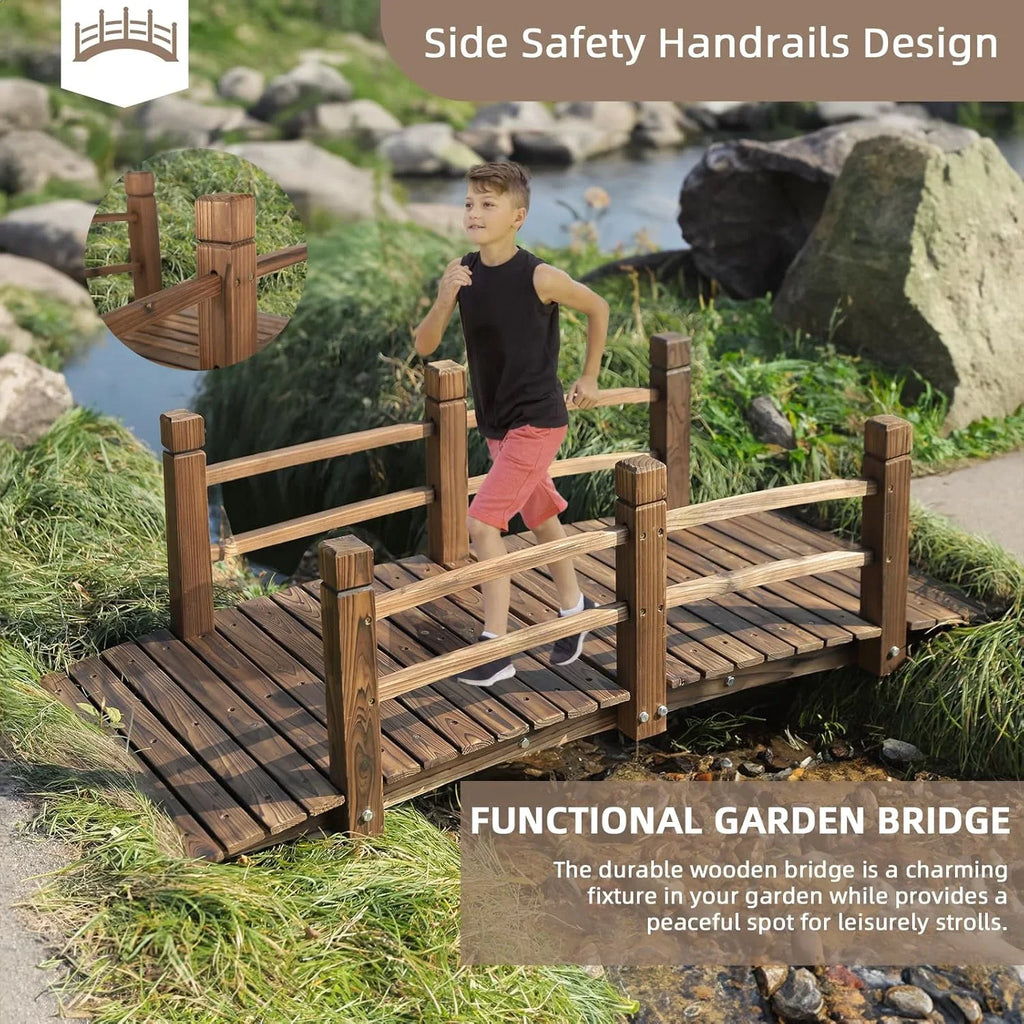Wooden Garden Bridge Classic Wood Arch Stained Finish Footbridge with Safety Railings, 530 lbs Capacity, Decorative Pond Bridge Landscaping for Outdoor Garden Backyard Creek Farm, Carbonized