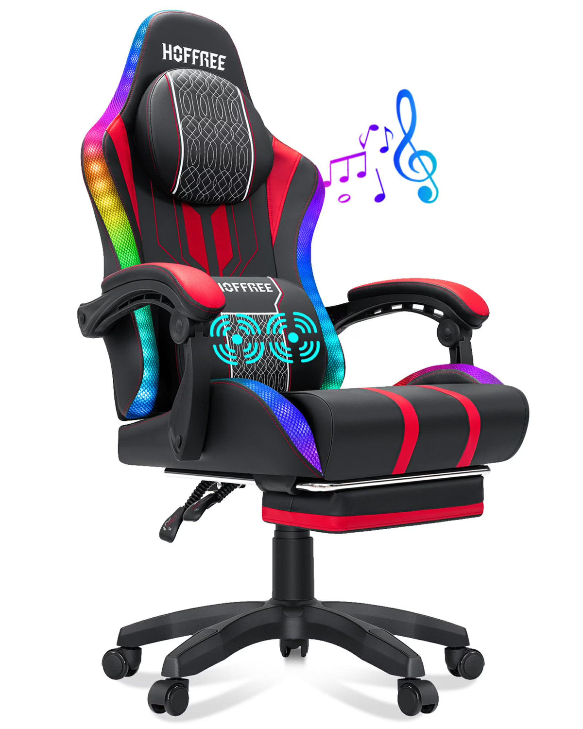 HOFFREE Big and Tall Gaming Chair with Speakers and RGB Lights, Gamer Chair with Footrest, Lumbar Support Height Adjustable 360-Swivel Seat and Headrest for Adults, 400lbs