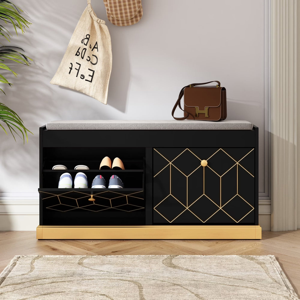 HLR White Shoe Cabinet, Shoe Cabinet with 2 Drawers Shoe Storage, Entryway Bench with Padded Seat