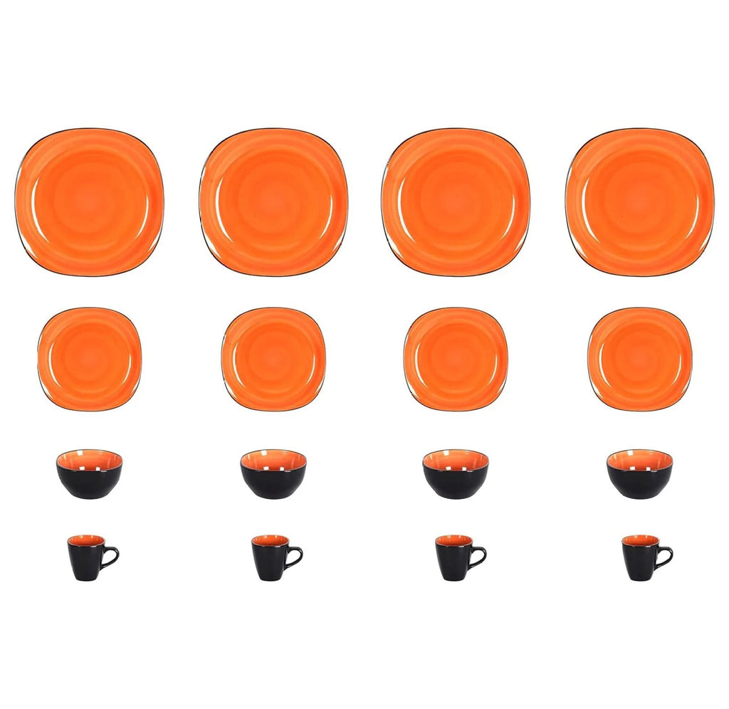 Stoneware Square 16pc Dinnerware Set, Inside Spinwash Swirl Orange + Outside Black