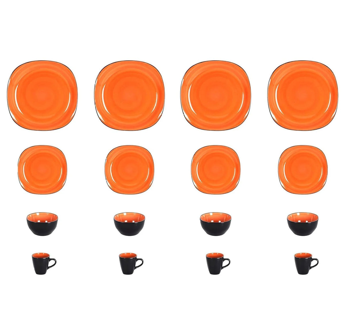 Stoneware Square 16pc Dinnerware Set, Inside Spinwash Swirl Orange + Outside Black