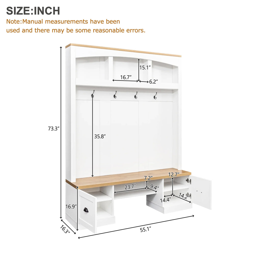 Harper & Bright Designs Farmhouse Hall Tree with Bench and Shoe Storage, Mudroom Bench with Coat Rack and Adjustable Shelves for Hallway, Living Room, White