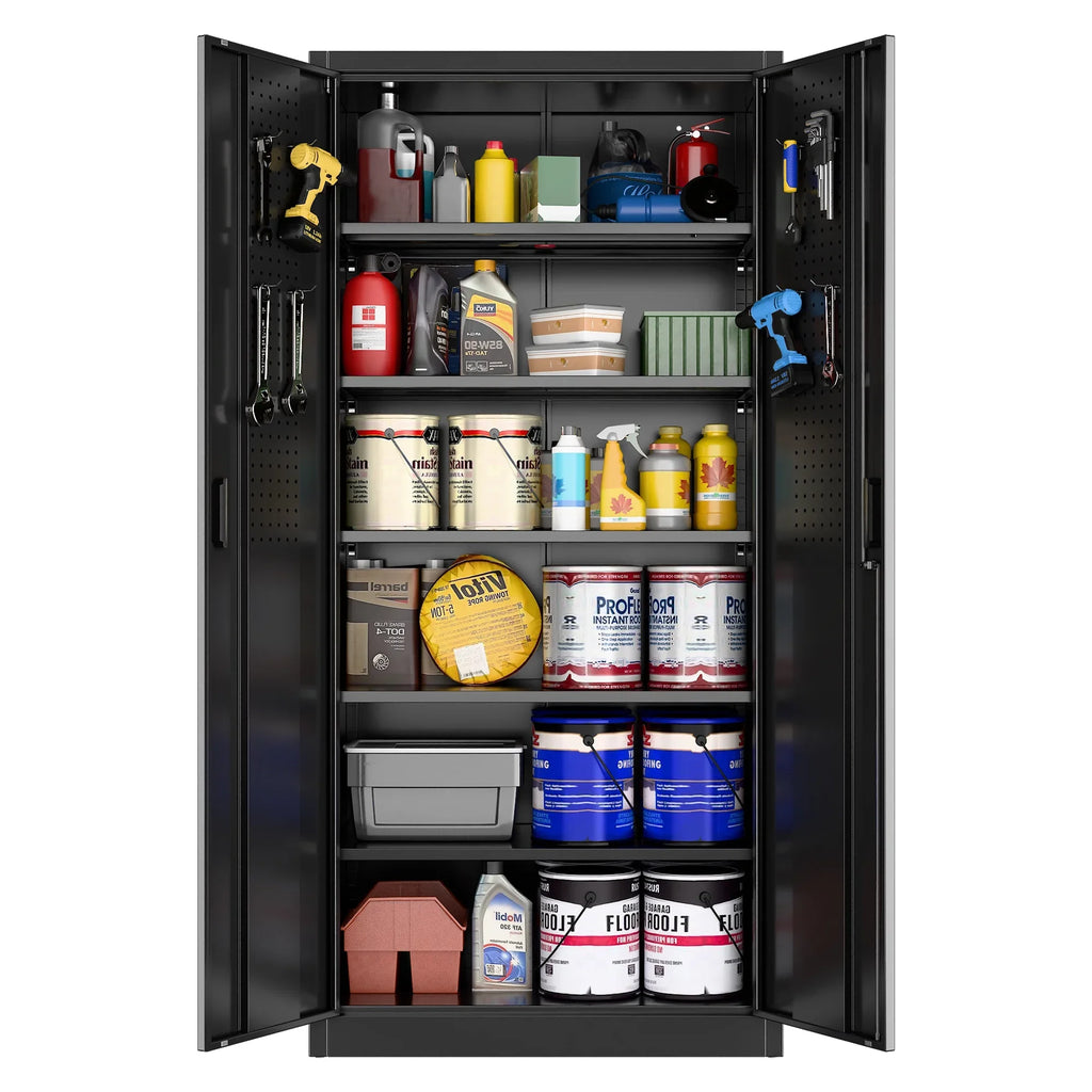 GAEANET 2 Door Metal Storage Cabinet with 5 Adjustable Shelves &Pegboard, 71" H"32" W"16" D Locking Steel Garage Cabinet, for Garage,Office,Home,Gym,School, File Cabinet,Assembly Required, Black