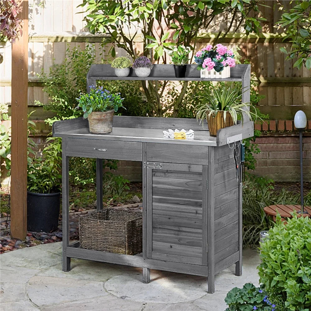 Renwick Outdoor Garden Potting Bench W/Cabinet Drawer Open Shelf, Gray