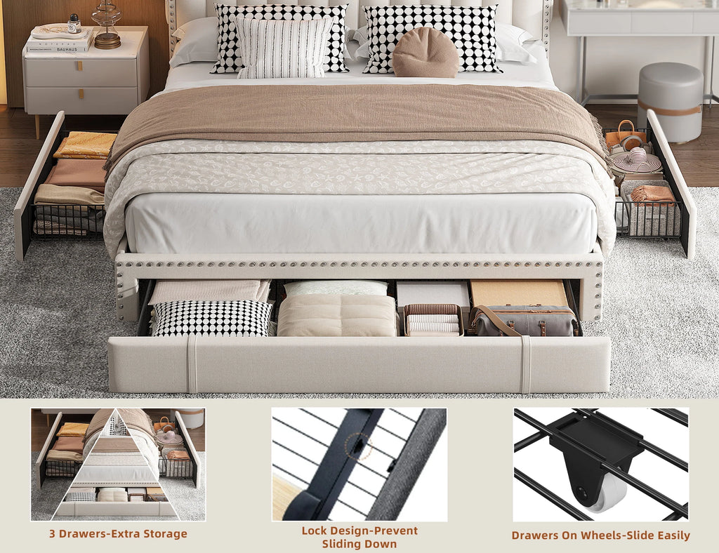 EnHomee Queen Bed Frame with 3 Storage Drawers Upholstered Queen Size Bed Frame with Headboard Noise Free Platform Bed with Metal Frame & Wood Slats Support Beige Bedroom Furniture for Adults Clothes
