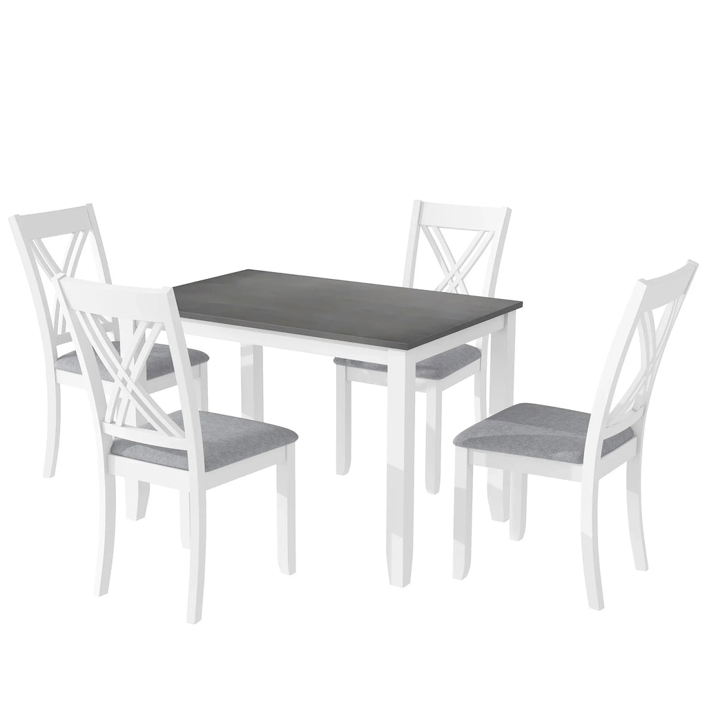 Seizeen Solid Wood Kitchen Table and Chairs, Dining Room Table Set for 4 with Gray Upholstered Chairs, Wood Grain Table Heavy-Duty Frame, Rustic Minimalist Style Breakfast Nook Set