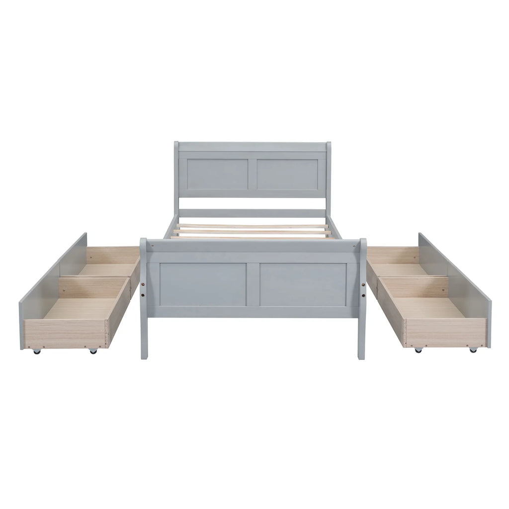 Full Size Wood Platform Bed with 4 Drawers,Storage Bed Frame with Streamlined Headboard and Footboard for Kids, Teens, Boys, Girls,Wooden Slats Support, No Box Spring Needed,Oak