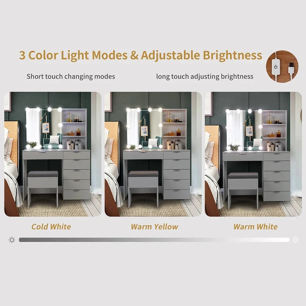 Resenkos Vanity Set with Mirror and 10LED Lights Makeup Vanity Desk Chair with 6 Drawers White
