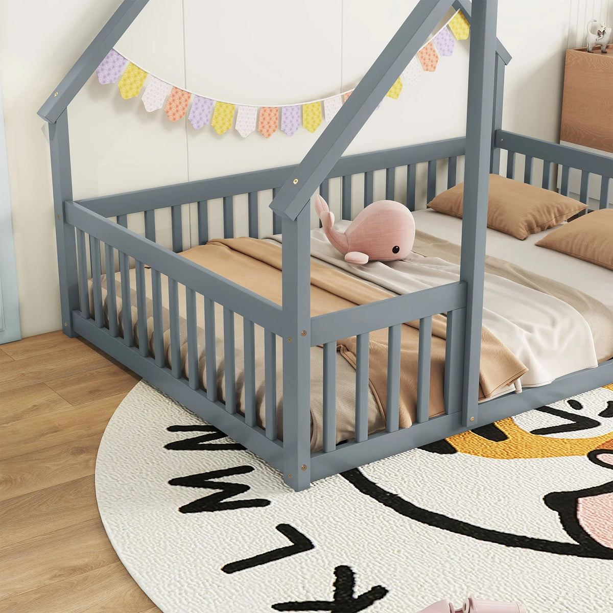 Bellemave Twin Size Floor Bed Frame, Wooden House Bed Twin Size with Fence, Montessori Bed with Guardrails for Bedroom (White)