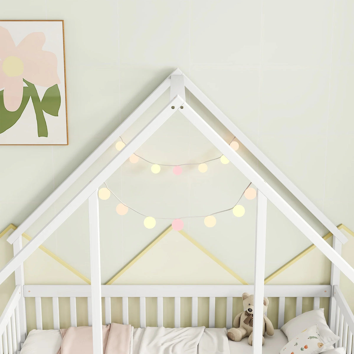 Bellemave Twin Size Floor Bed Frame, Wooden House Bed Twin Size with Fence, Montessori Bed with Guardrails for Bedroom (White)