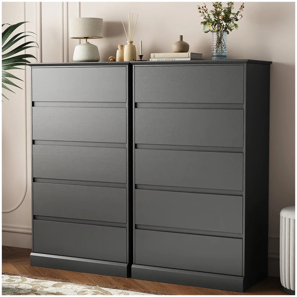 2 PCS Dresser for Bedroom, 5 Drawer Dresser Black Chest of Drawers for Living Room Dressing Room Entryway -2PCS