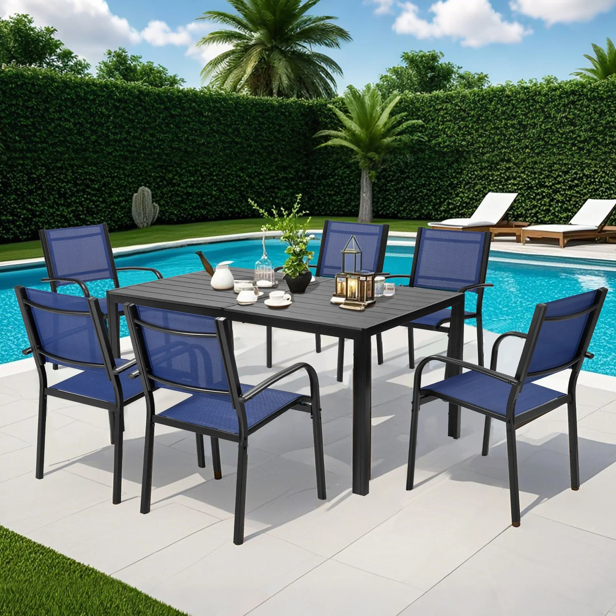 Seizeen 7-Piece Outdoor Table and Chairs, Patio Table Set with 6 Rattan Chairs, All-weather Outdoor Patio Dining Sets Rectangular Metal Table with Acacia Wood Top, Umbrella Hole, Gray