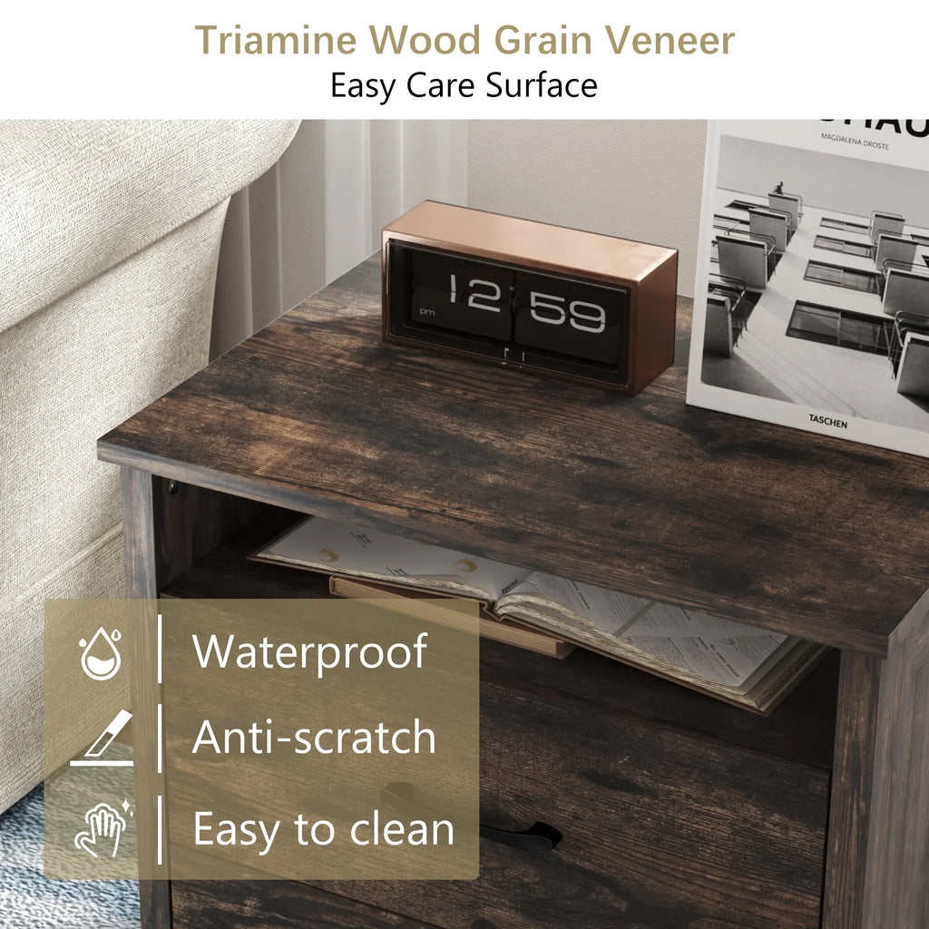 Farmhouse Nightstand with 2 Drawers, Rustic Grey Bedside Table with Open Shelf, Wooden Side End Table for Bedroom