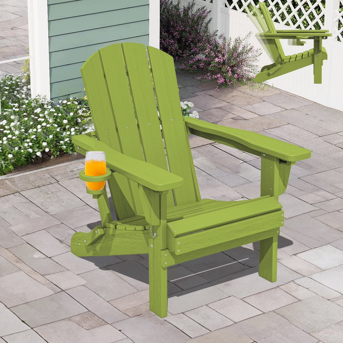 SERWALL Outdoor Adjustable Folding HDPE Adirondack Chairs Set of 2 with Cup Holder, Gray