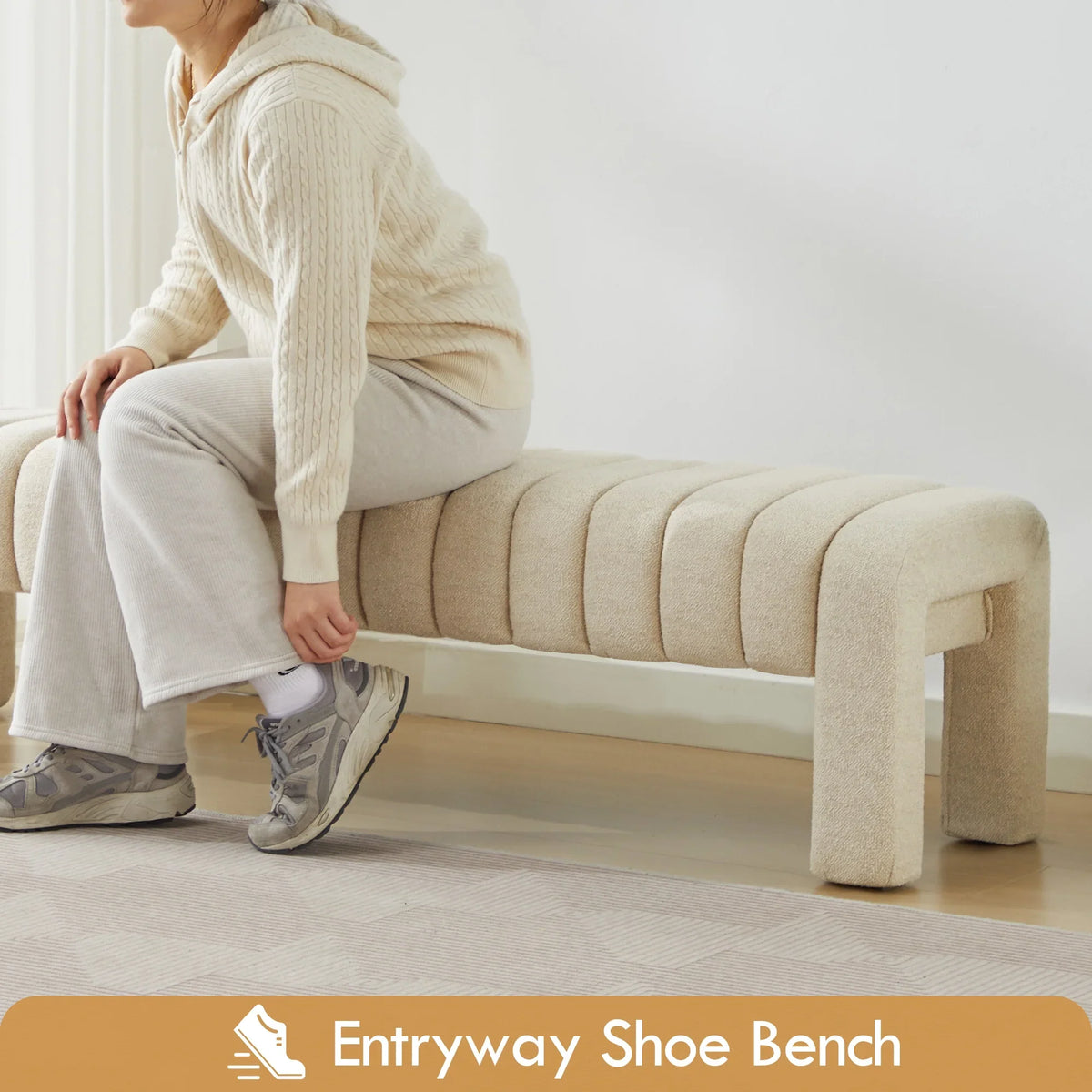 Zesthouse 63" End of Bed Bench, Linen Tufted Upholstered Ottoman Bench with Padded Seat and Solid Wood Leg, Modern Entryway Bench for Bedroom, Living Room, Beige