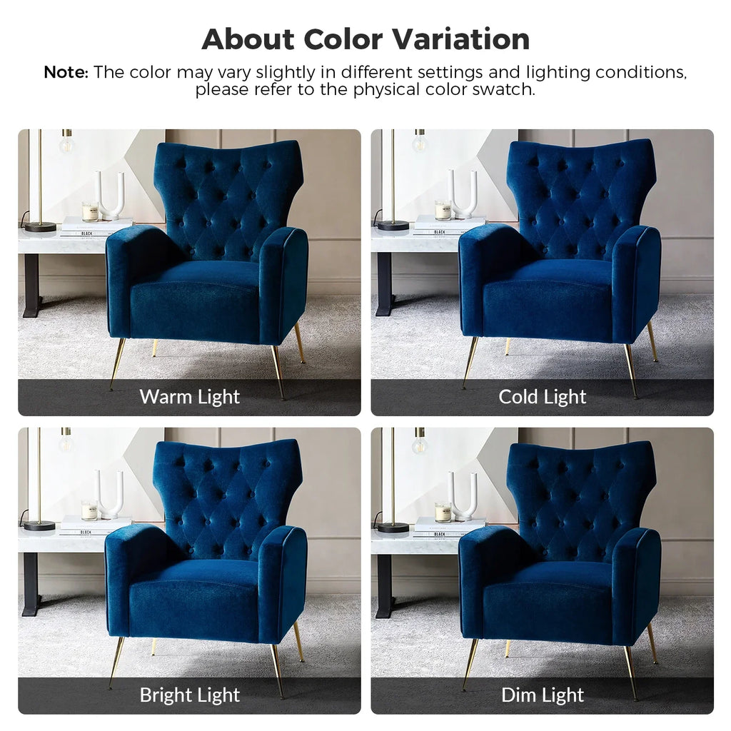 Modern Velvet Accent Chair Upholstered Sofa Armchair Button Tufted Metal Legs Adult Bedroom Home Living Room Grey
