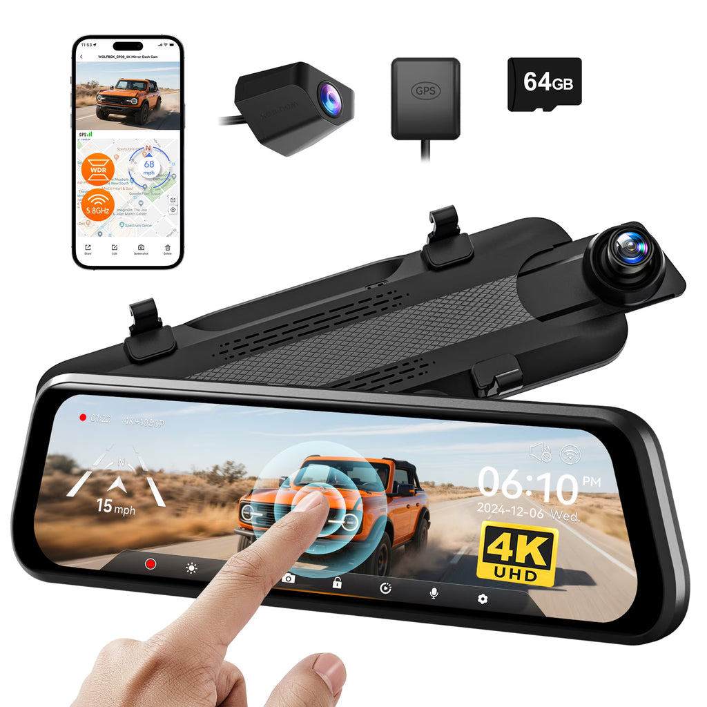 WolfBox 10" Touch Screen Dash Cam Front and Rear, 4K+1080P Rear View Mirror Backup Car Camera with Night Vision, GPS, Free 64GB Card