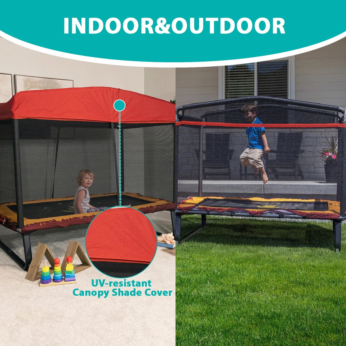 Skywalker Trampoline 6x4ft Rectangle Trampoline with Enclosure Net for Kids and Toddlers, up to 200 LB Safe and Stylish Design Blue and Purple