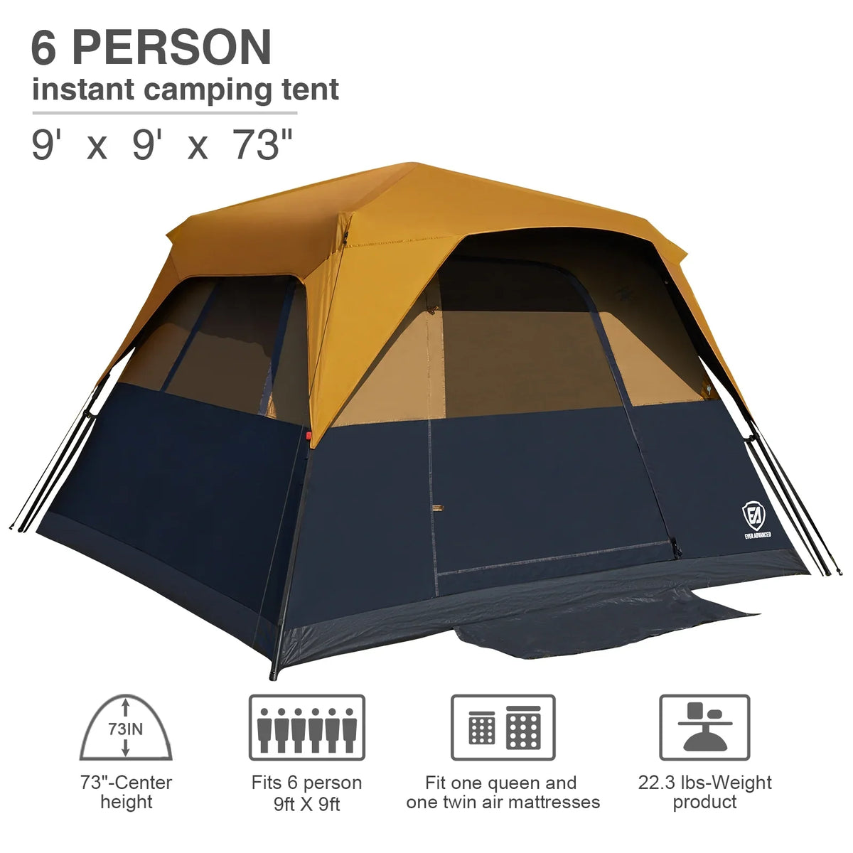 EVER ADVANCED 6 Person Blackout Camping Tent, Instant Family Tents, 60 s Quick Setup, Water-Resistant, Blue