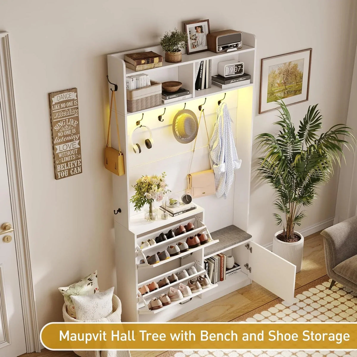 Vabches 5 in 1 Hall Tree, 78" Narrow Entryway Bench with LED Light, Coat Rack and Shoe Storage, Hall Tree with Cushioned Stool & Hooks for Hallway, Living Room, Mudroom