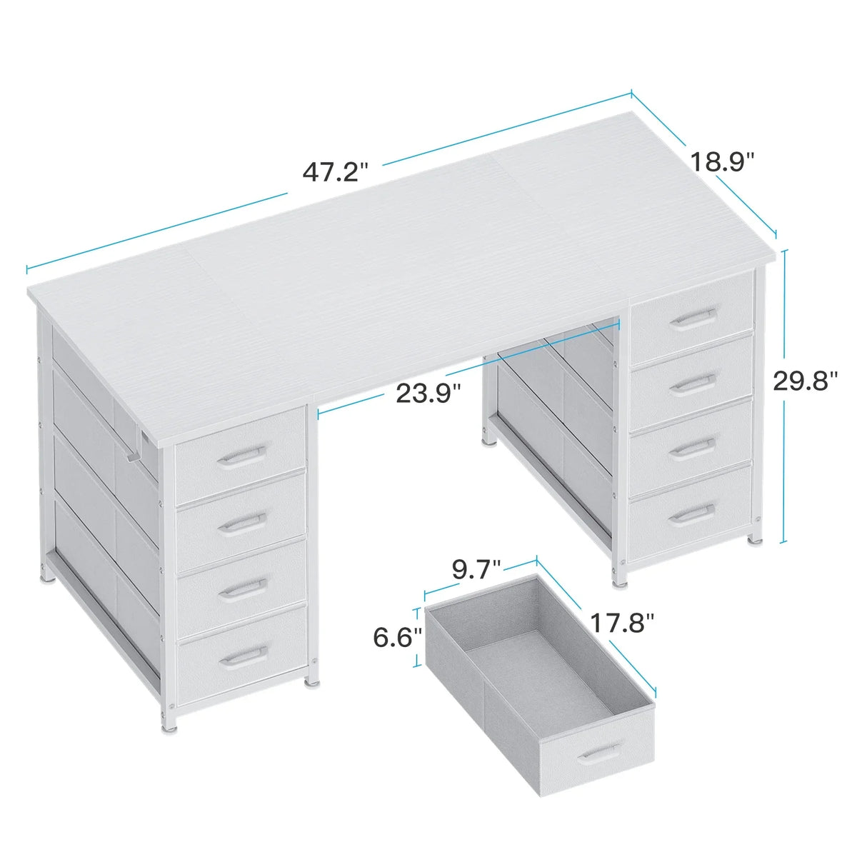 White Computer Desk with Drawers for Storage - 48 inch Home Office Desk with 8 Fabric Drawers, Writing Study Desk with Drawers on Both Sides for Bedroom