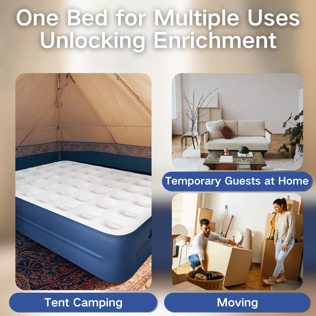 Luxury Queen Air Mattress with Built-In Battery Pump,Heavy-Duty Waterproof Veltex Surface for Indoor/Outdoor Use,Portable Inflatable Camping Bed & Guest Bed(Blue)