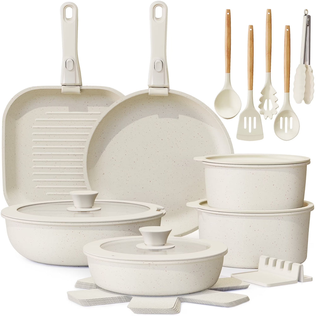 Astercook 22 Piece Ceramic Pots and Pans Set Non Stick, Cookware Set with Detachable Handles, Oven Safe, Induction Ready, Stackable RV Kitchen Cooking Set, Cream White