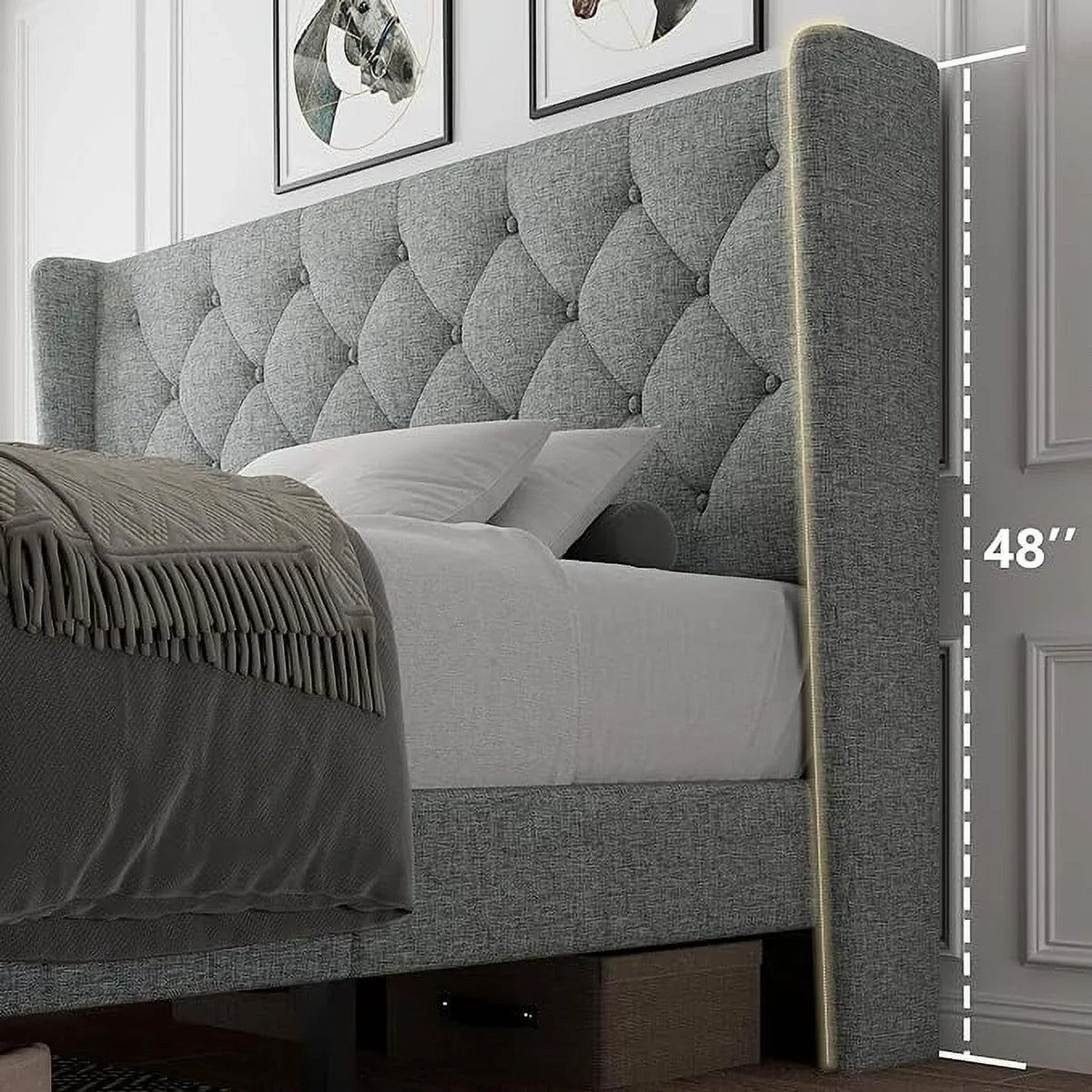iPormis Full Size Bed Frame with Diamond Button Tufted Wingback Headboard, Upholstered Platform Bed Frame with Strong Wood Slat Support, No Box Spring Needed,Black