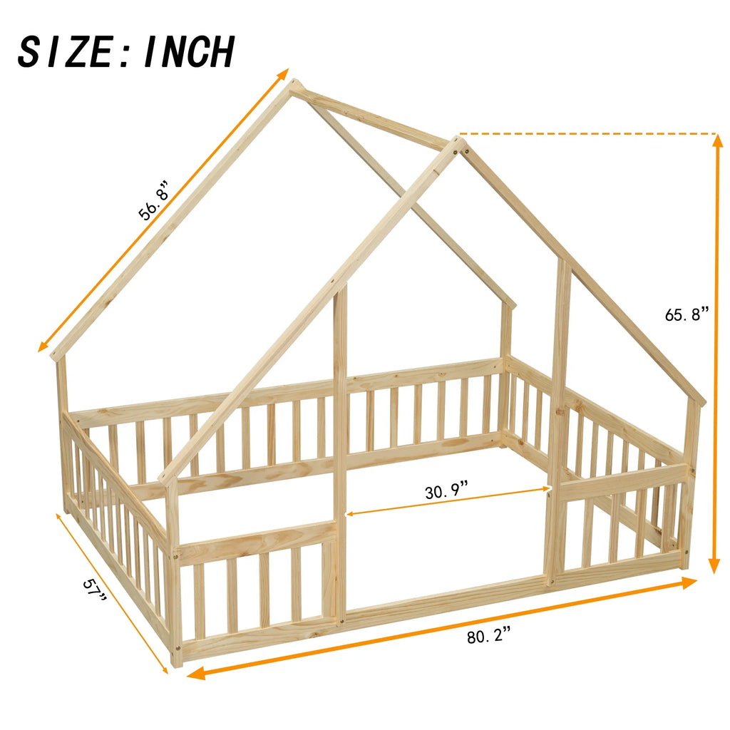 Bellemave Twin Size Floor Bed Frame, Wooden House Bed Twin Size with Fence, Montessori Bed with Guardrails for Bedroom (White)