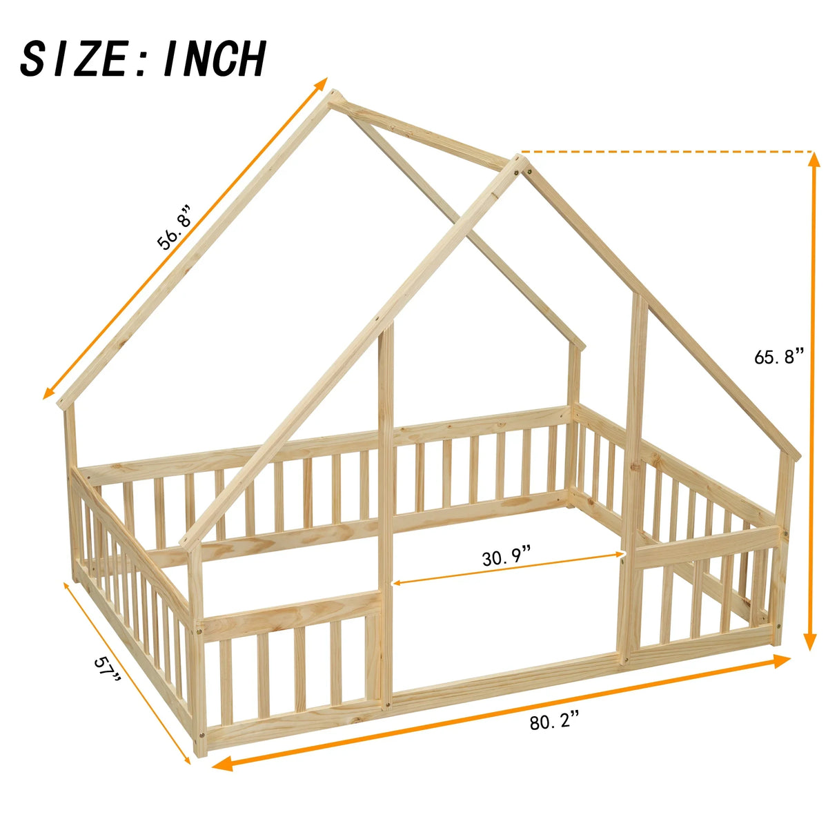 Bellemave Twin Size Floor Bed Frame, Wooden House Bed Twin Size with Fence, Montessori Bed with Guardrails for Bedroom (White)