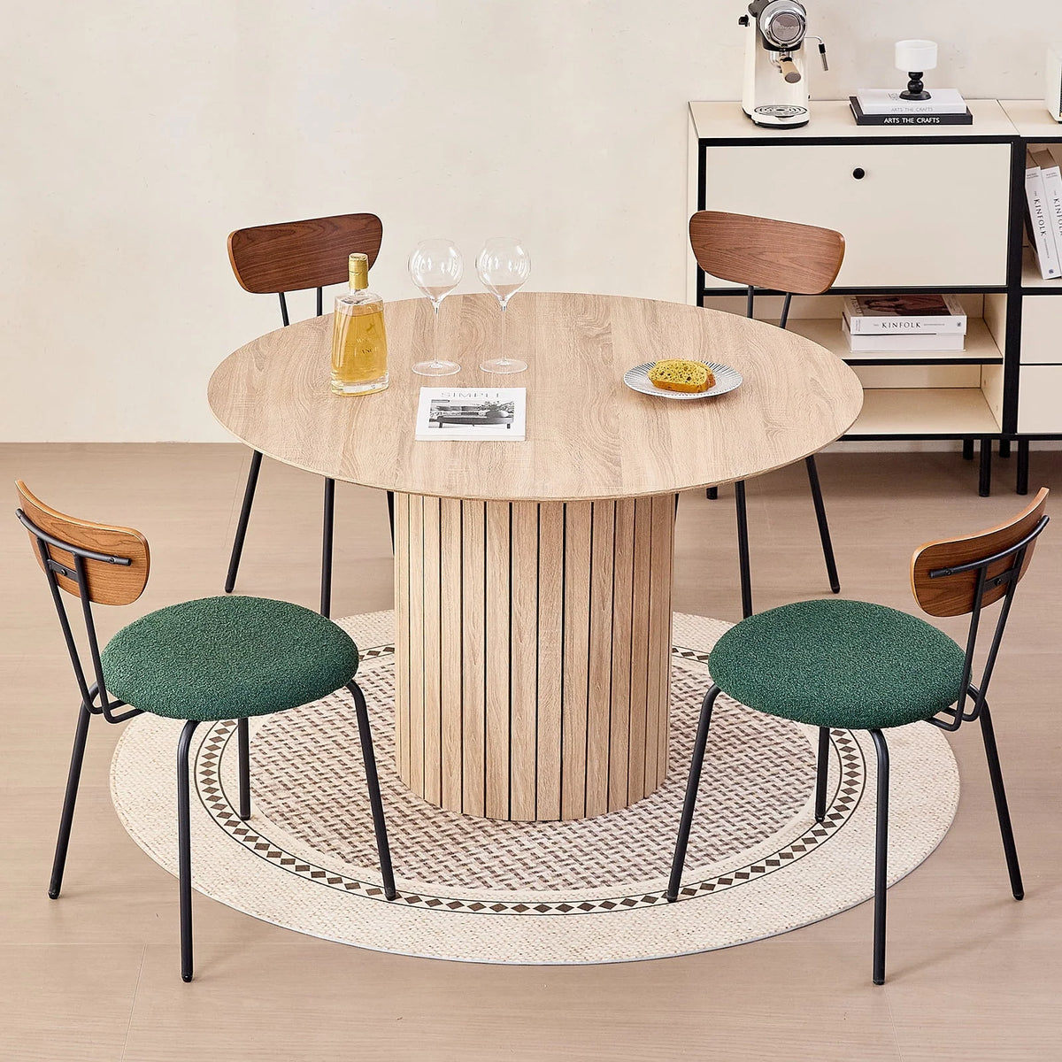 47 inches Modern Round Dining Table, Wood Kitchen Table for 4 with Two-part Tabletop and Wooden Strip Columns Base, Farmhouse Table for Kitchen, Dinning Room, Oak