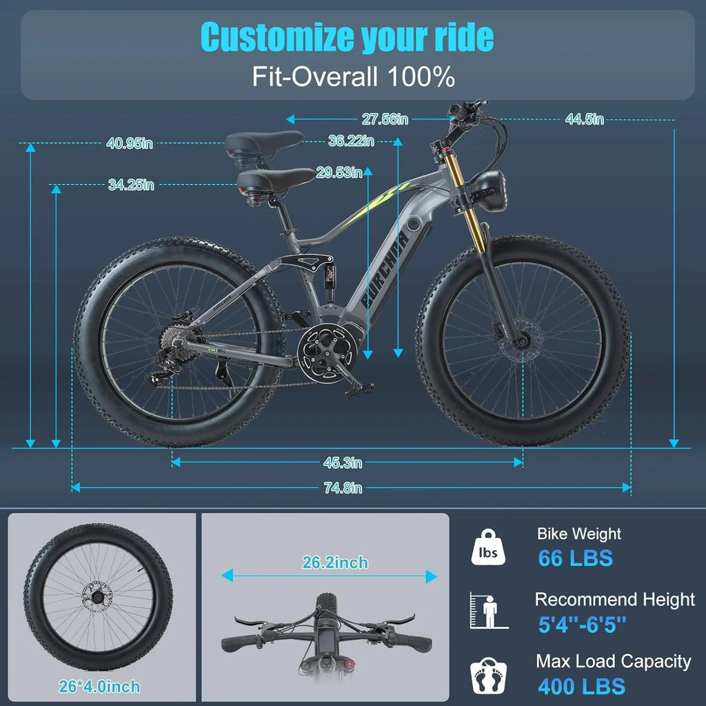 Electric Bike for Adults 26'', 1000W E-Mountain Bike 48V 30/20Ah UL2849 Removable Battery,Fat Tire Ebike up to 30MPH Off Road Beach Snow Electric Bicycles Full Suspension & Dual Hydraulic Disc Brakes