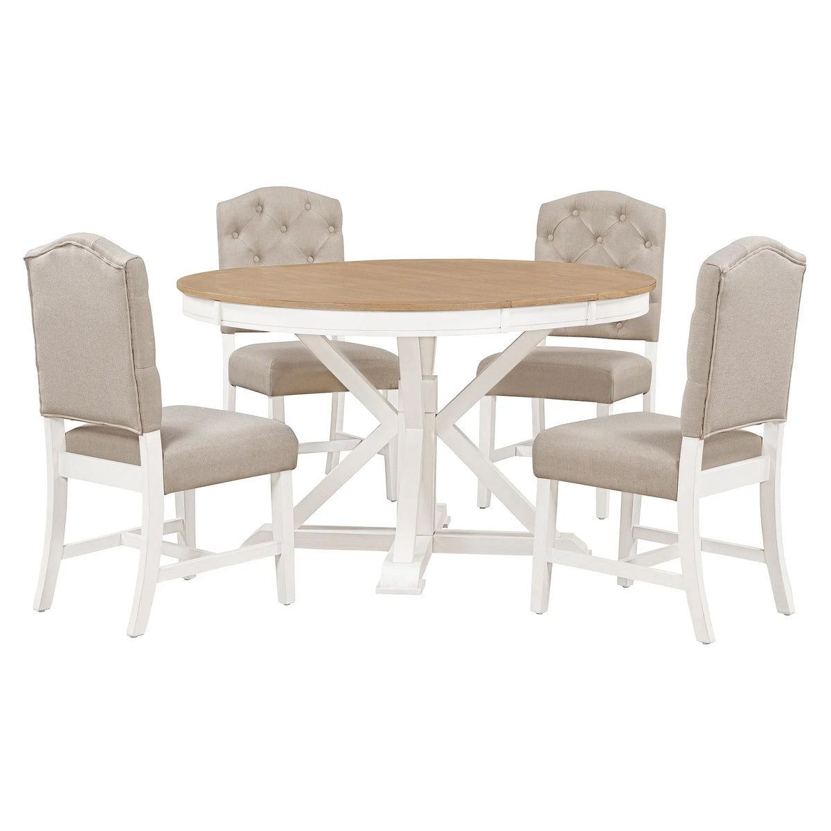 Harper & Bright Designs Round Extendable Dining Table Set for 4, 5 Piece Farmhouse Wood Dining Table Set with 4 Upholstered Dining Chairs, Natural Wood Wash